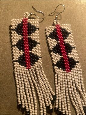 Free People Handmade Beaded Fringe Earrings - White, Black & Red